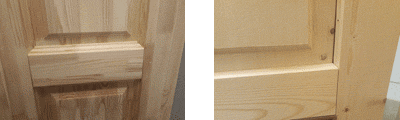 Фото с двумя фрагментами дверных полотен, одно из которых сделано из переклеенной доски, а второе из цельной.