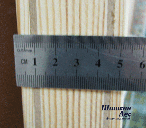 Толщина дверного полотна обшитого рейкой с двух сторон составляет 54 мм.