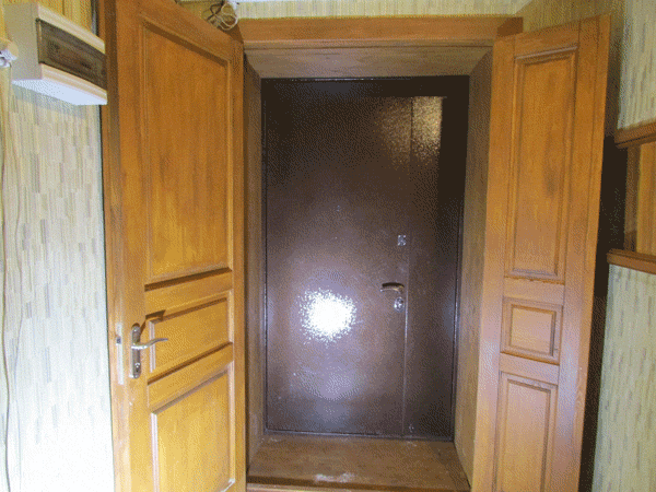 Фото двустворчатой двери с распахнутыми полотнами. На заднем плане видна входная металлическая дверь.