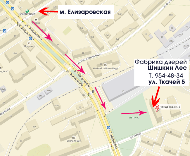 Схема, как пройти от метро Елизаровская до магазина Фабрики дверей Шишкин Лес по адресу ул. Ткачей д.5