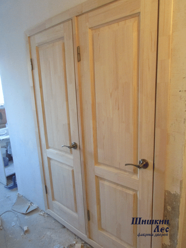Фото двух закрытых дверей из массива сосны, модель КЛАССИКА, установленных в проёме дома 600 серии, в корабле.